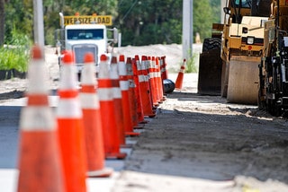 Orange construction cones on the road