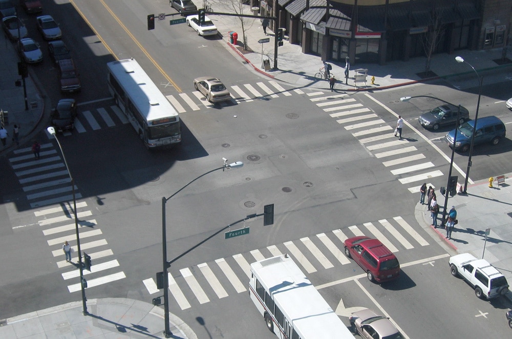 aerial view of a four-way intersection