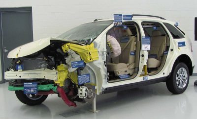 ford car undergoing safety tests while being built