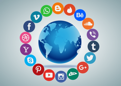 social media icons around a globe