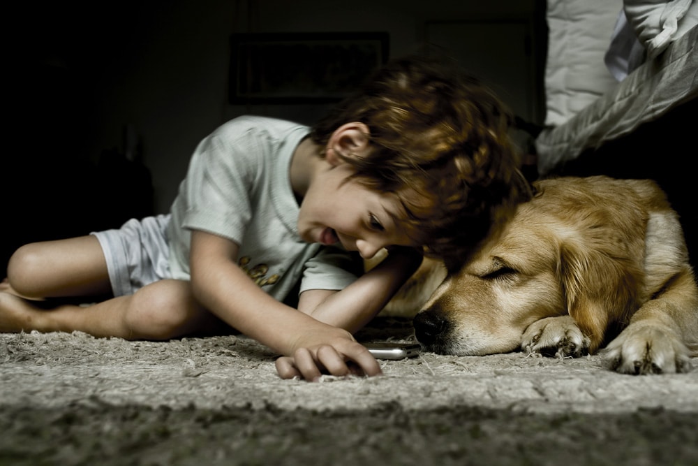 Young boy lays next to the family dog.