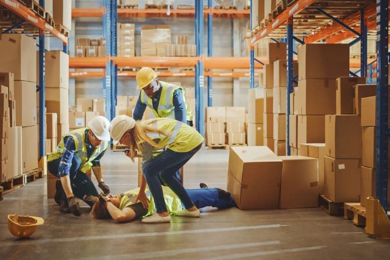 warehouse worker slips and falls on the job and his coworkers come to aid him